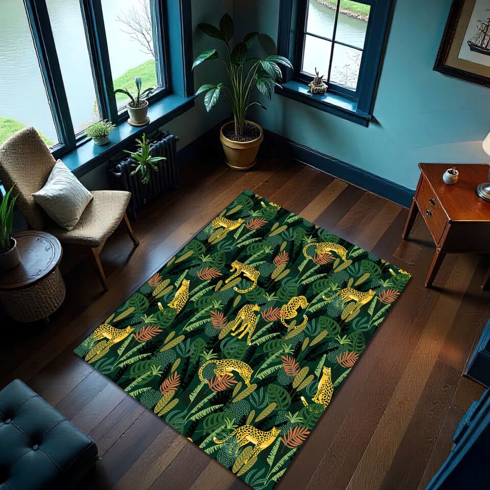 Jungle Leopard Print Rug – Vibrant Tropical Animal Pattern Carpet