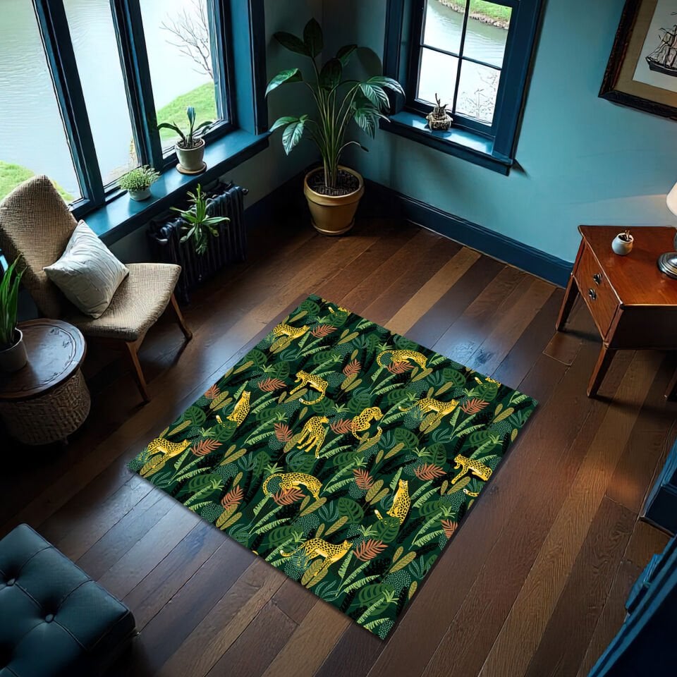 Jungle Leopard Print Rug – Vibrant Tropical Animal Pattern Carpet