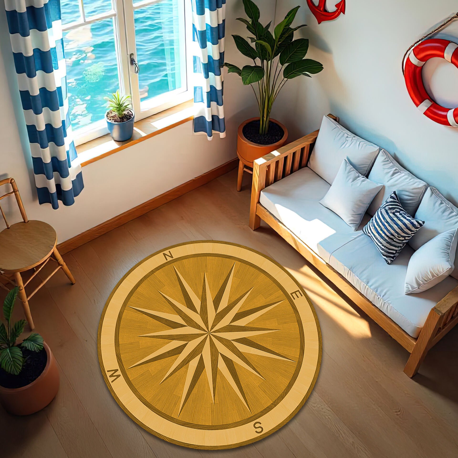 Golden Oak Compass Rose Round Rug