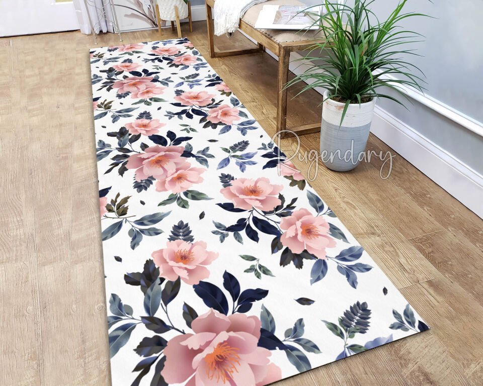 Elegant Pink Floral Runner Rug – Vintage-Inspired Hallway & Kitchen Decor