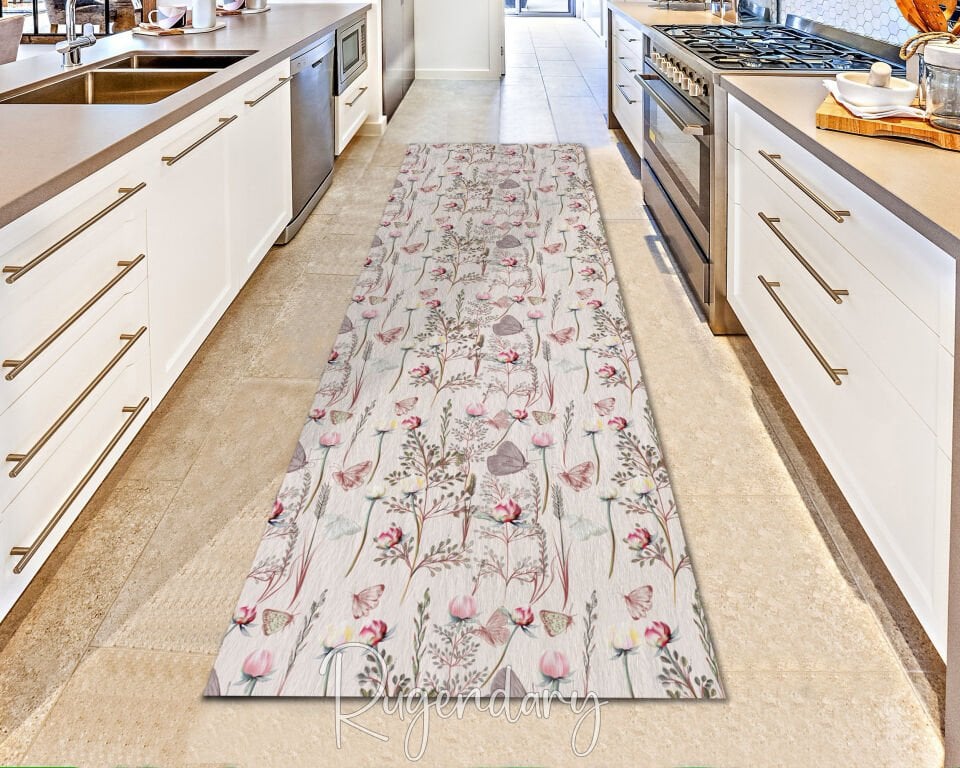 Pastel Floral & Butterfly Kitchen Runner Rug – Elegant Hallway Carpet