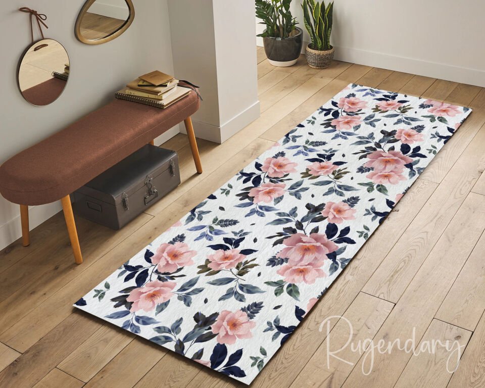 Elegant Pink Floral Runner Rug – Vintage-Inspired Hallway & Kitchen Decor