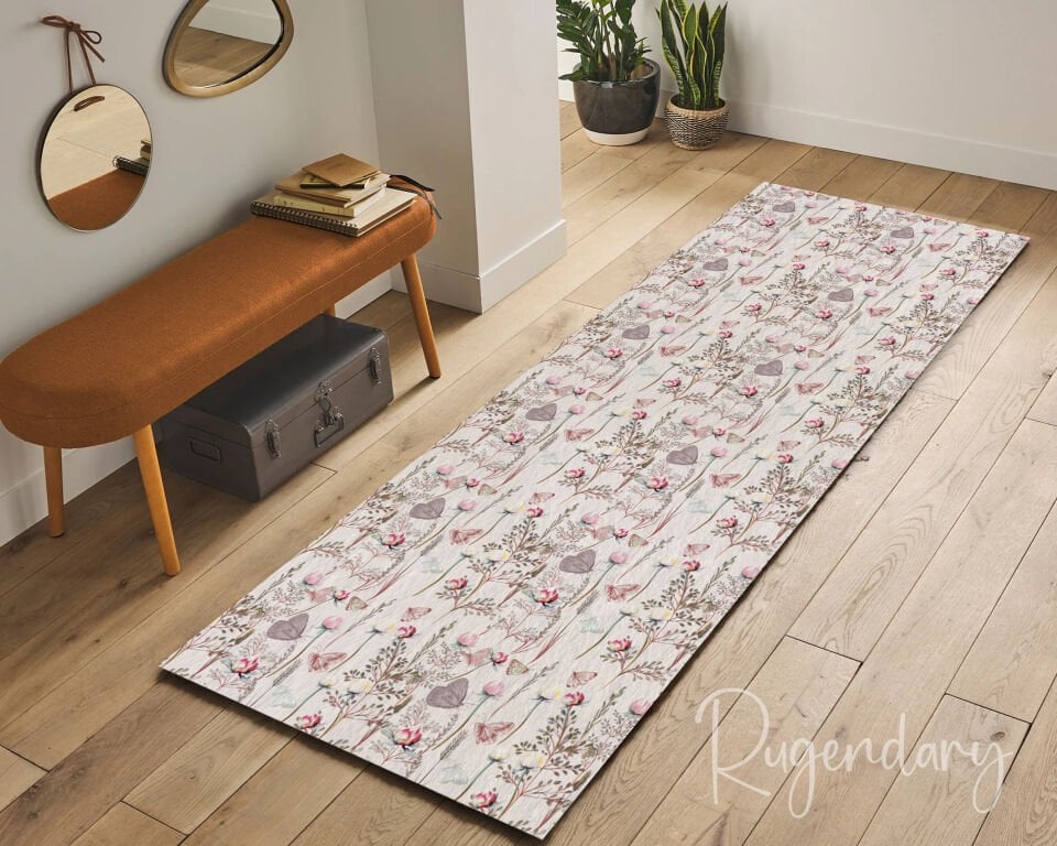 Pastel Floral & Butterfly Kitchen Runner Rug – Elegant Hallway Carpet