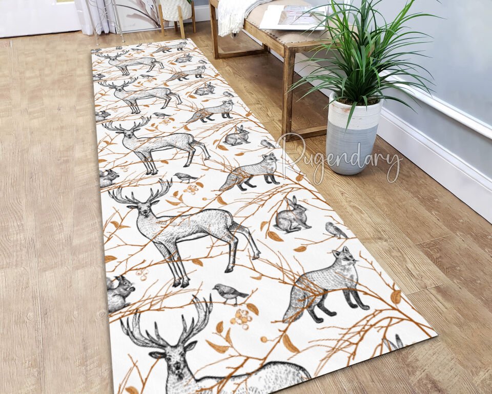 Woodland Runner Rug with Deer and Fox Motifs – Cozy Nature-Inspired Design