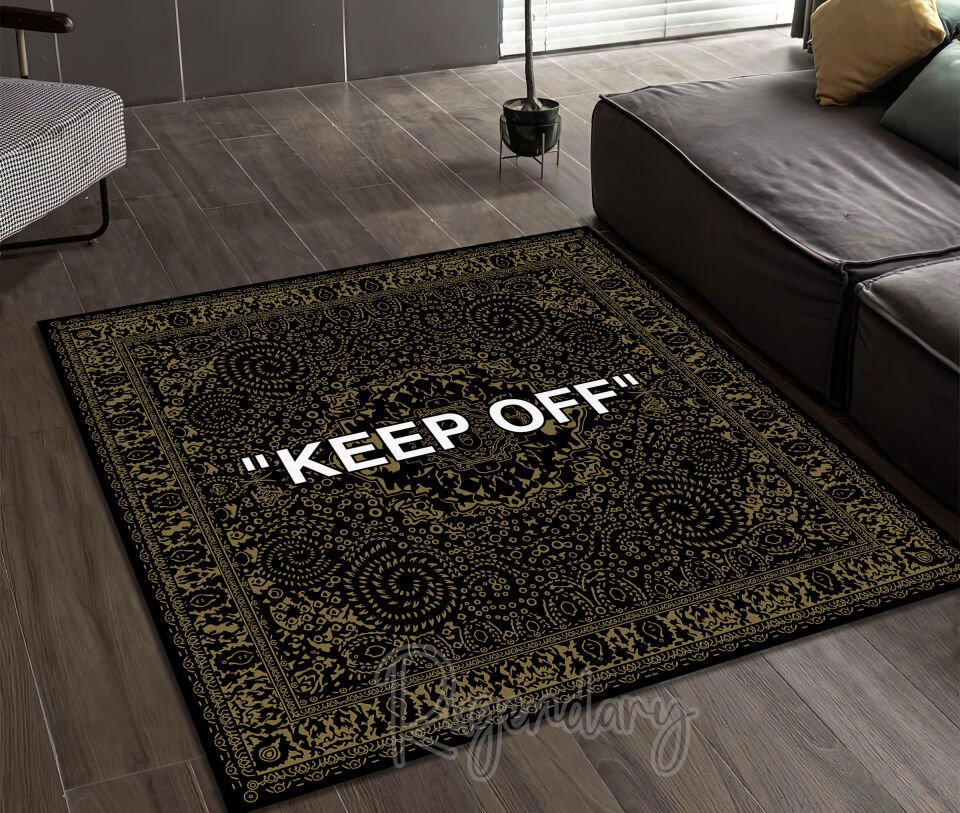 Luxury Black & Gold ''KEEP OFF'' Square Rug – Bold Elegance