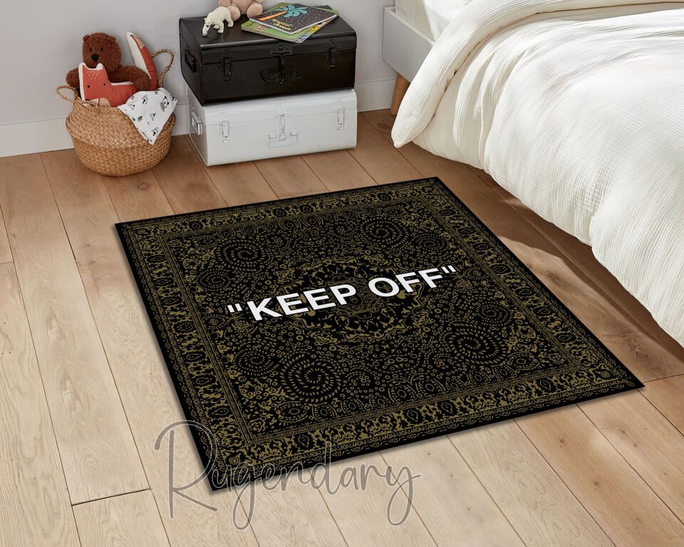 Luxury Black & Gold ''KEEP OFF'' Square Rug – Bold Elegance