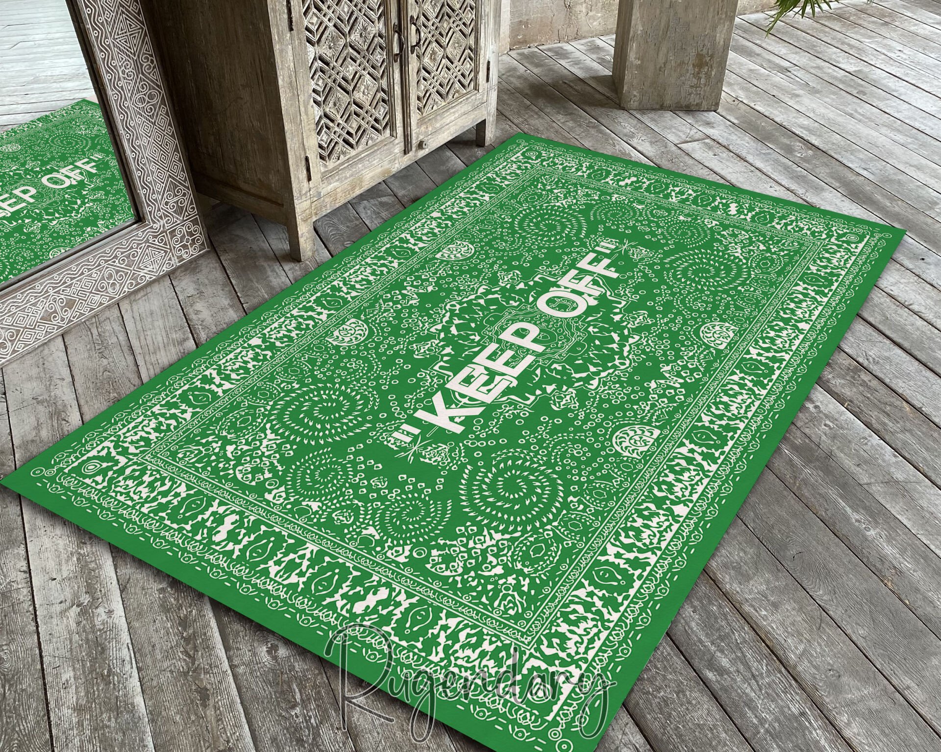Green & White ''KEEP OFF'' Area Rug – Modern Statement Living Room Carpet