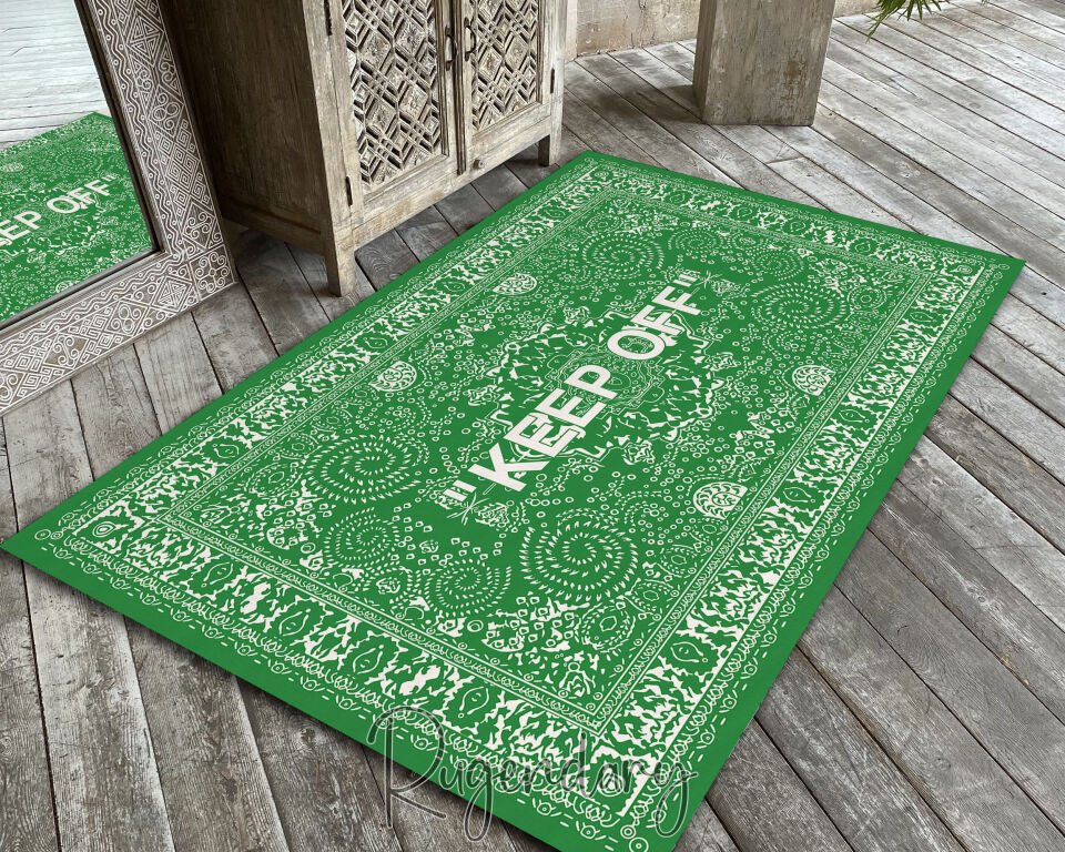 Green & White ''KEEP OFF'' Area Rug – Modern Statement Living Room Carpet