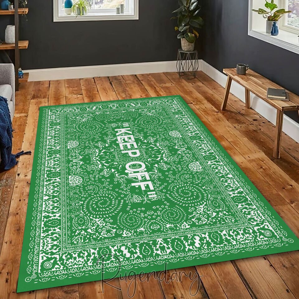 Green & White ''KEEP OFF'' Area Rug – Modern Statement Living Room Carpet