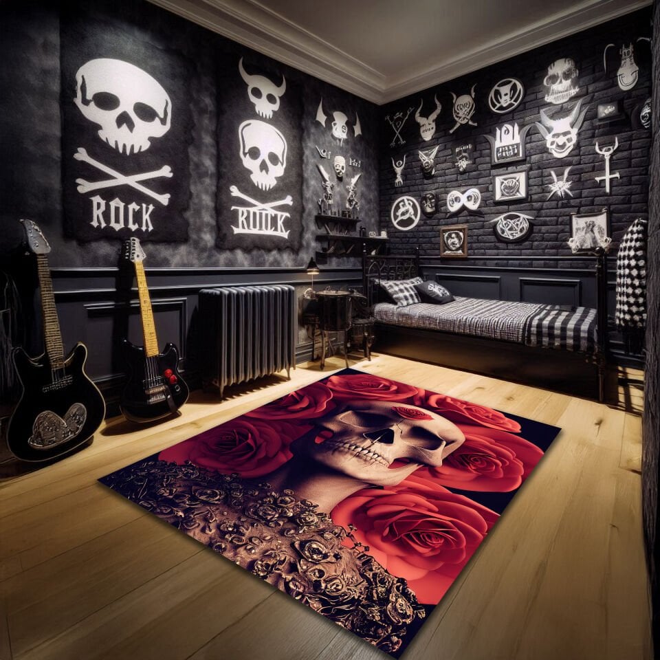Gothic Skull and Roses Rug – Dark Romantic Skeleton Carpet