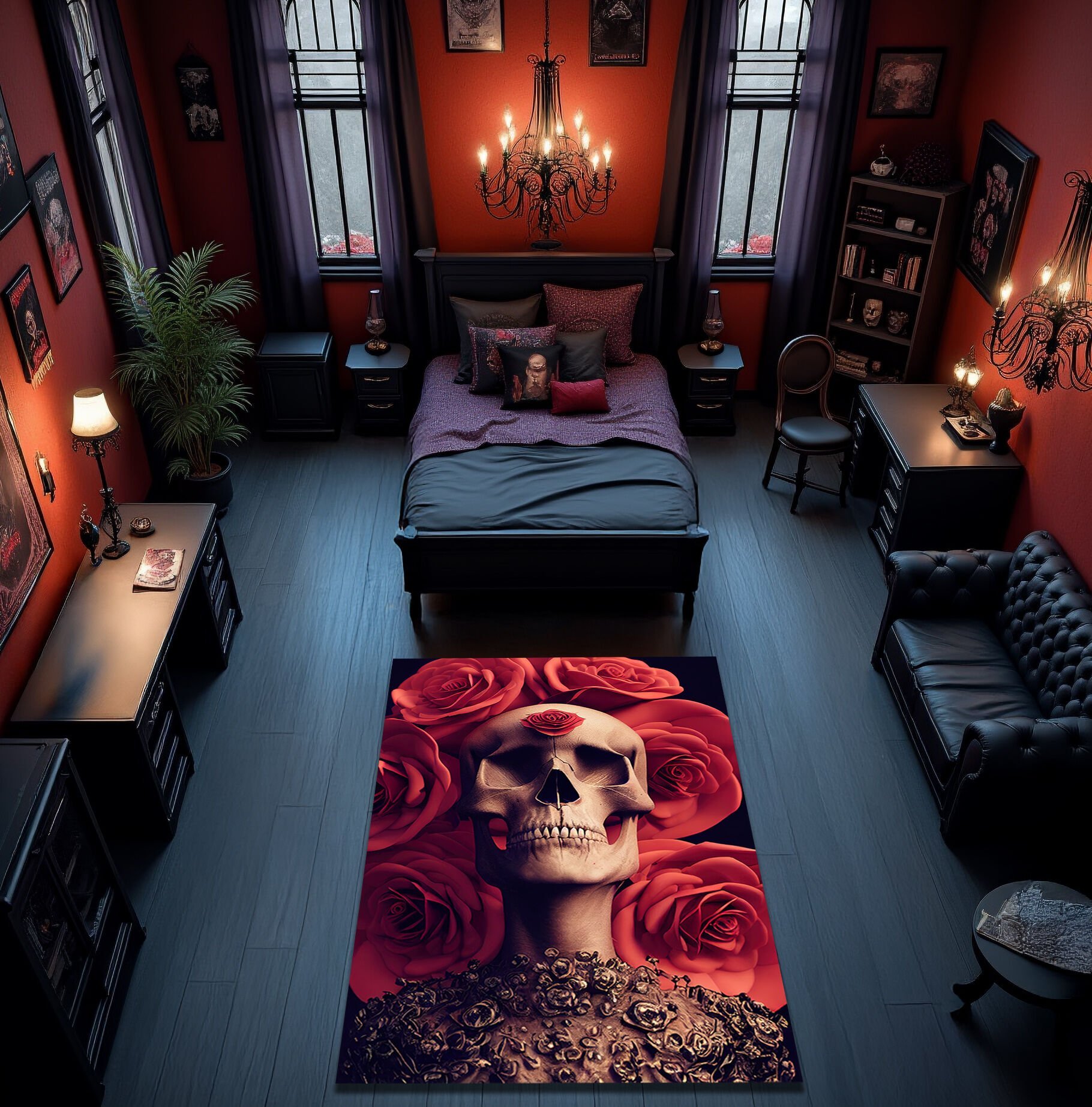 Gothic Skull and Roses Rug – Dark Romantic Skeleton Carpet