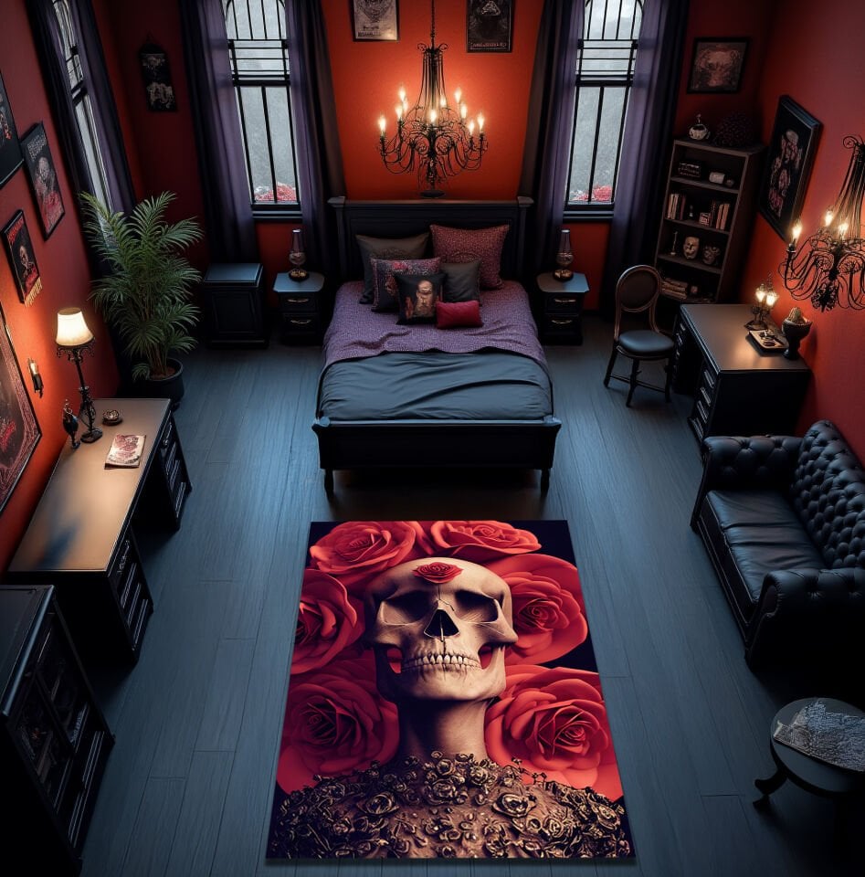 Gothic Skull and Roses Rug – Dark Romantic Skeleton Carpet