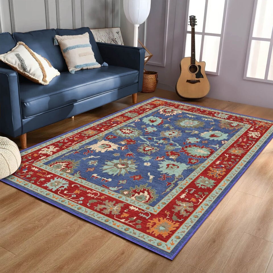 Blue Red Oriental Rug Classic Floral Pattern Decorative Carpet