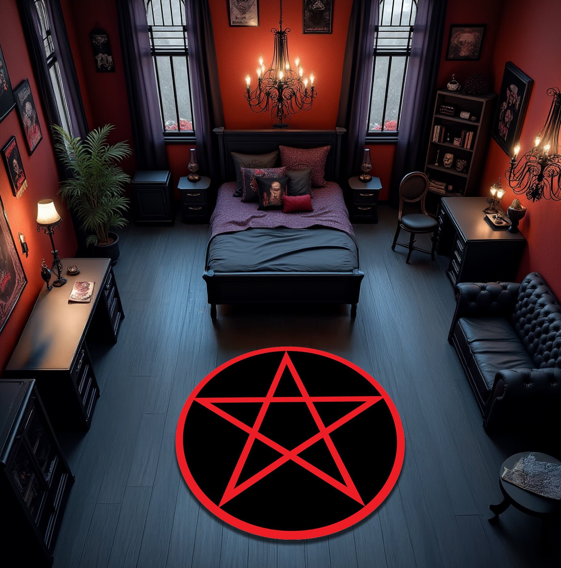 Red Pentagram Round Rug – Occult Witchcraft Circle Carpet for Gothic, Dark Decor and Ritual Spaces
