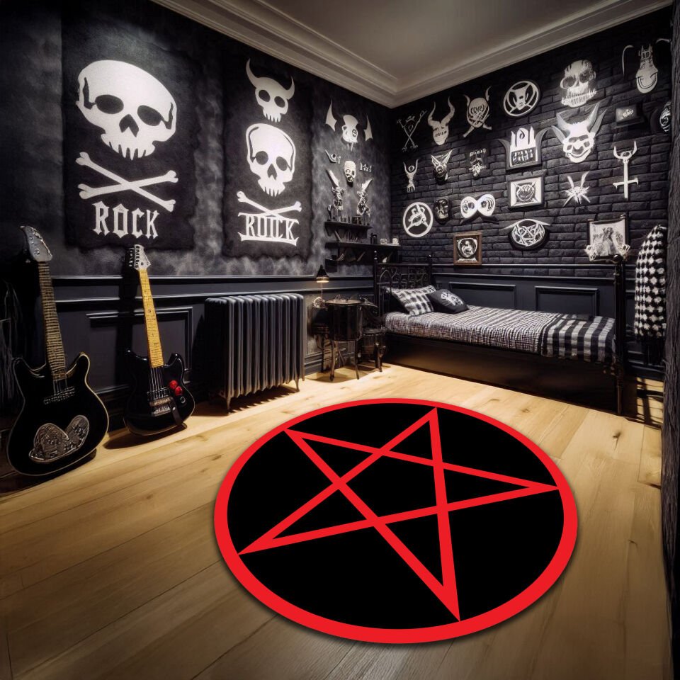 Red Pentagram Round Rug – Occult Witchcraft Circle Carpet for Gothic, Dark Decor and Ritual Spaces