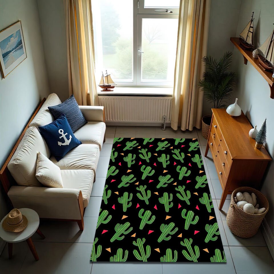 Modern Cactus Print Living Room Rug – Bold Black Background with Green Succulent Design