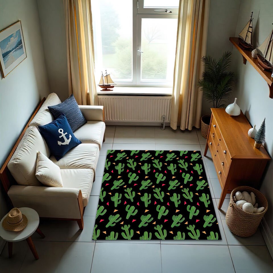 Modern Cactus Print Living Room Rug – Bold Black Background with Green Succulent Design