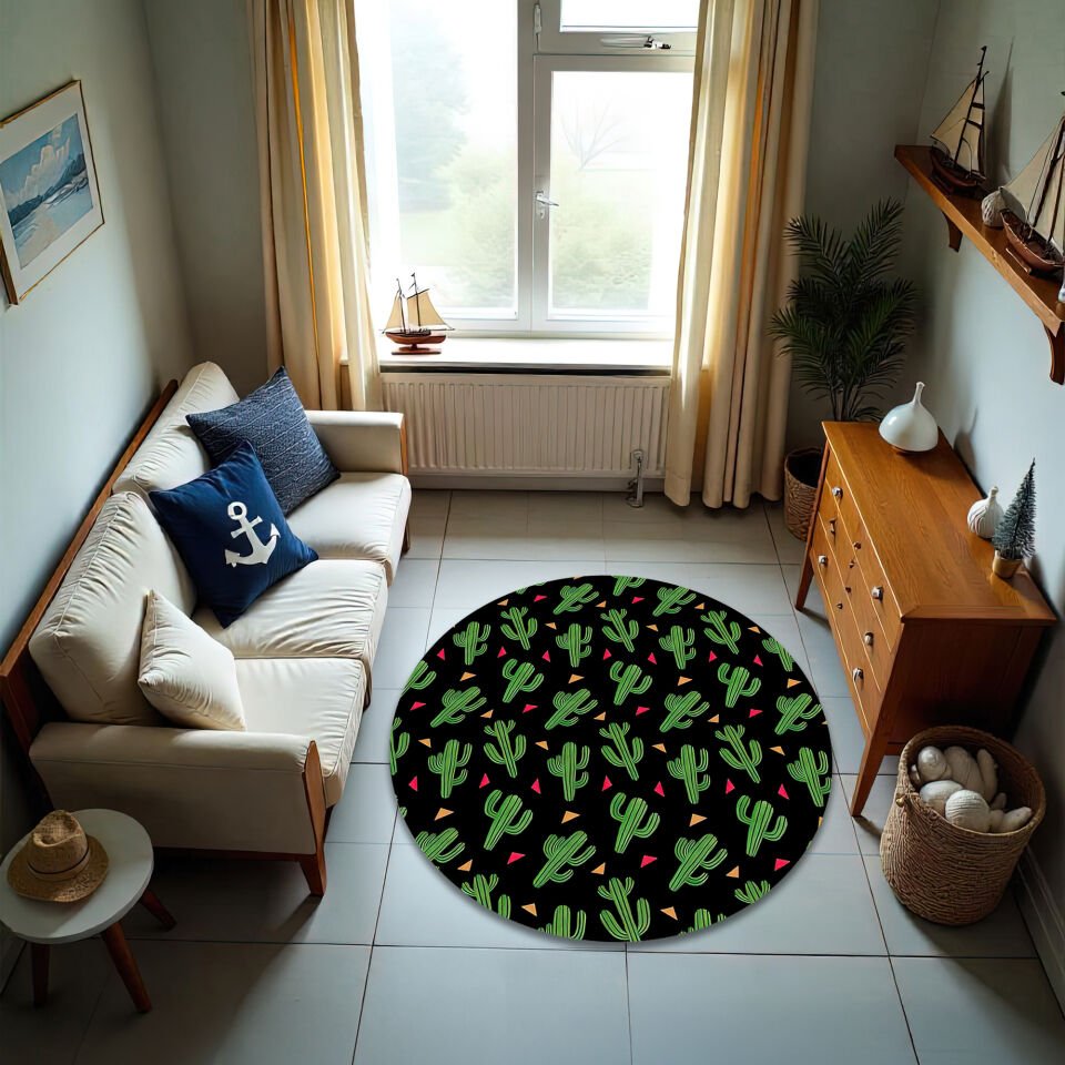 Modern Cactus Print Living Room Rug – Bold Black Background with Green Succulent Design