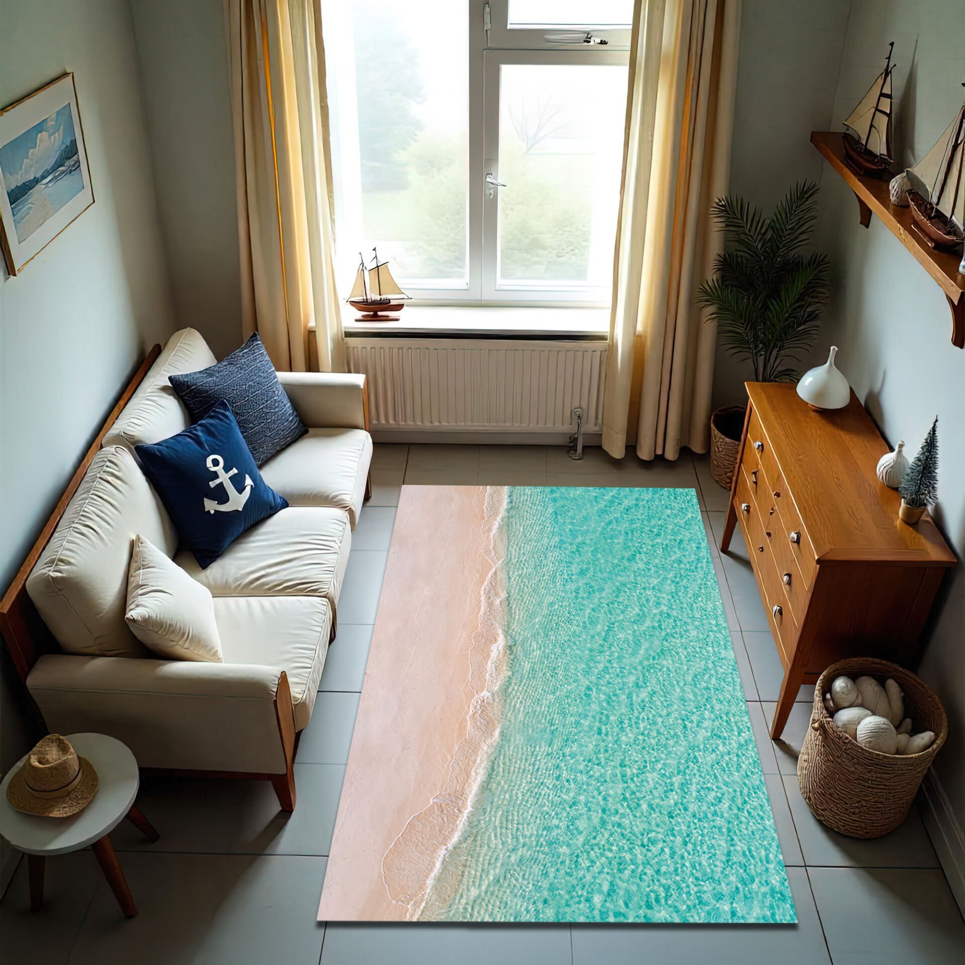 Tropical Beach Shoreline Rug – Serene Ocean Waves and Sandy Beach Design