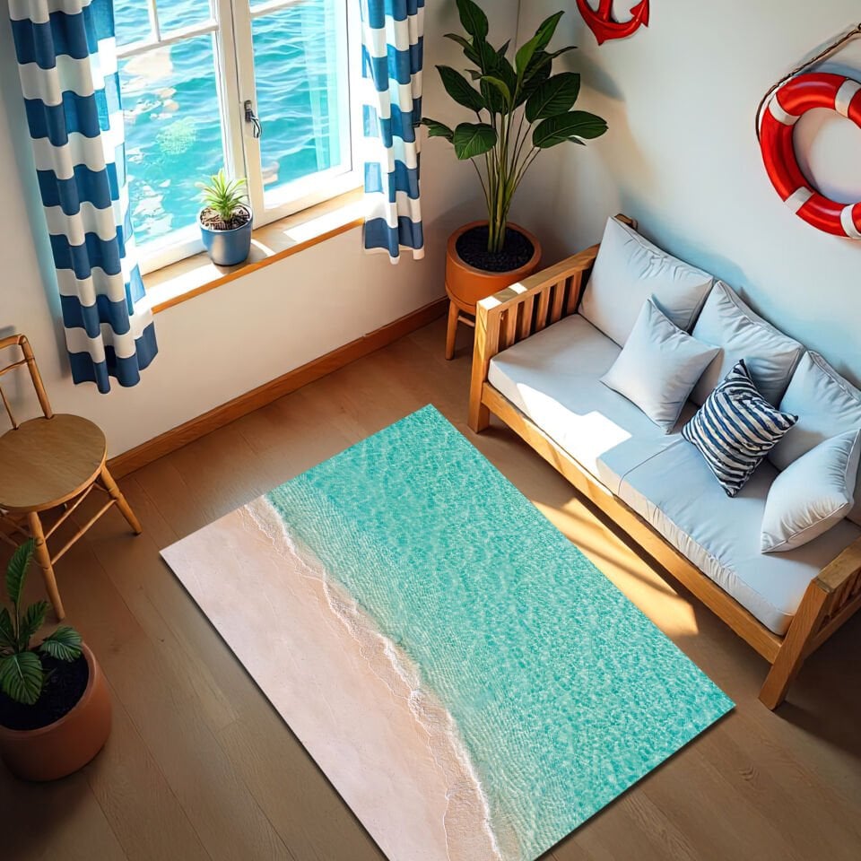 Tropical Beach Shoreline Rug – Serene Ocean Waves and Sandy Beach Design
