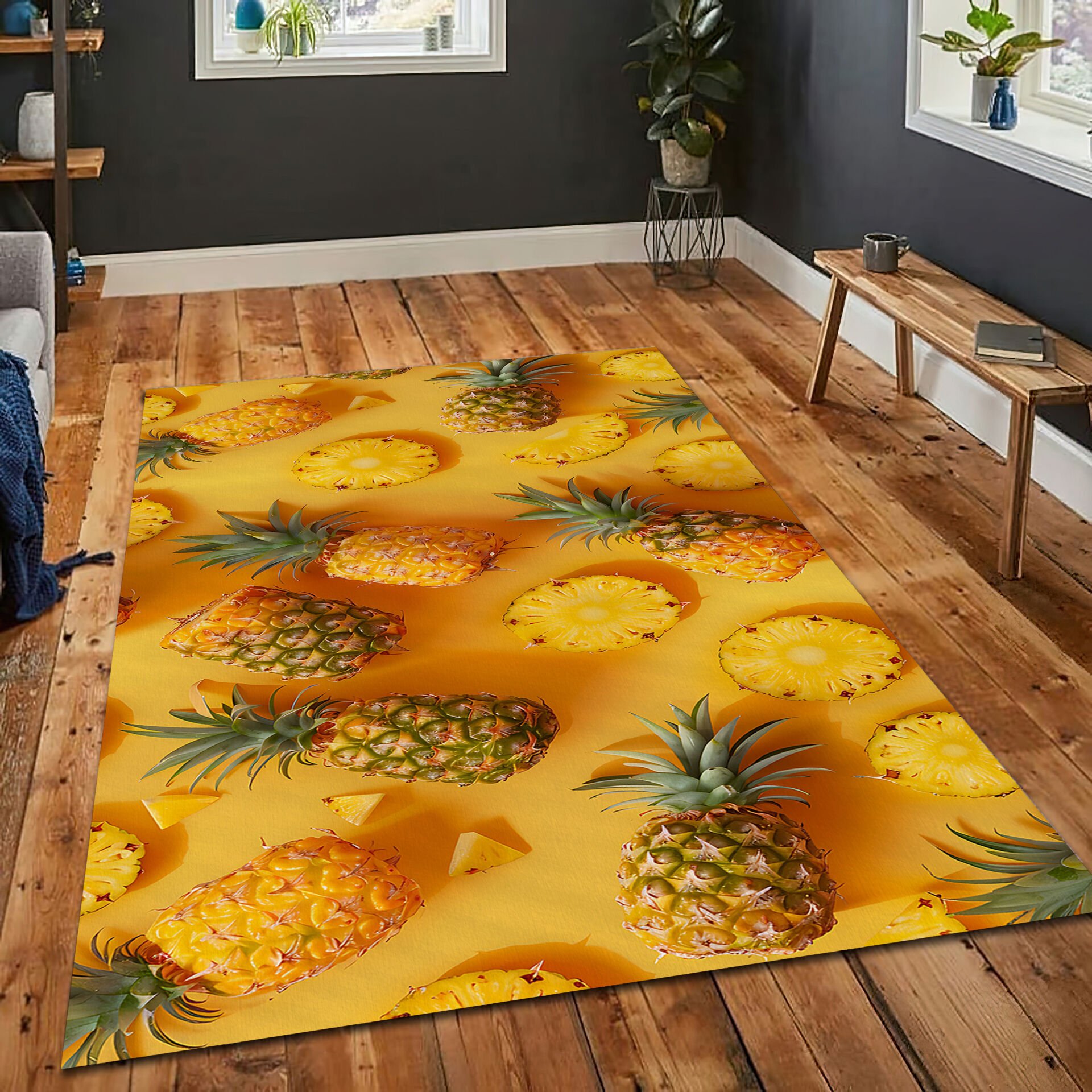 Yellow Pineapple Rug Tropical Area Rug Kitchen Carpet Pineapple Print Floor Mat for Living Room Summer Home Decor