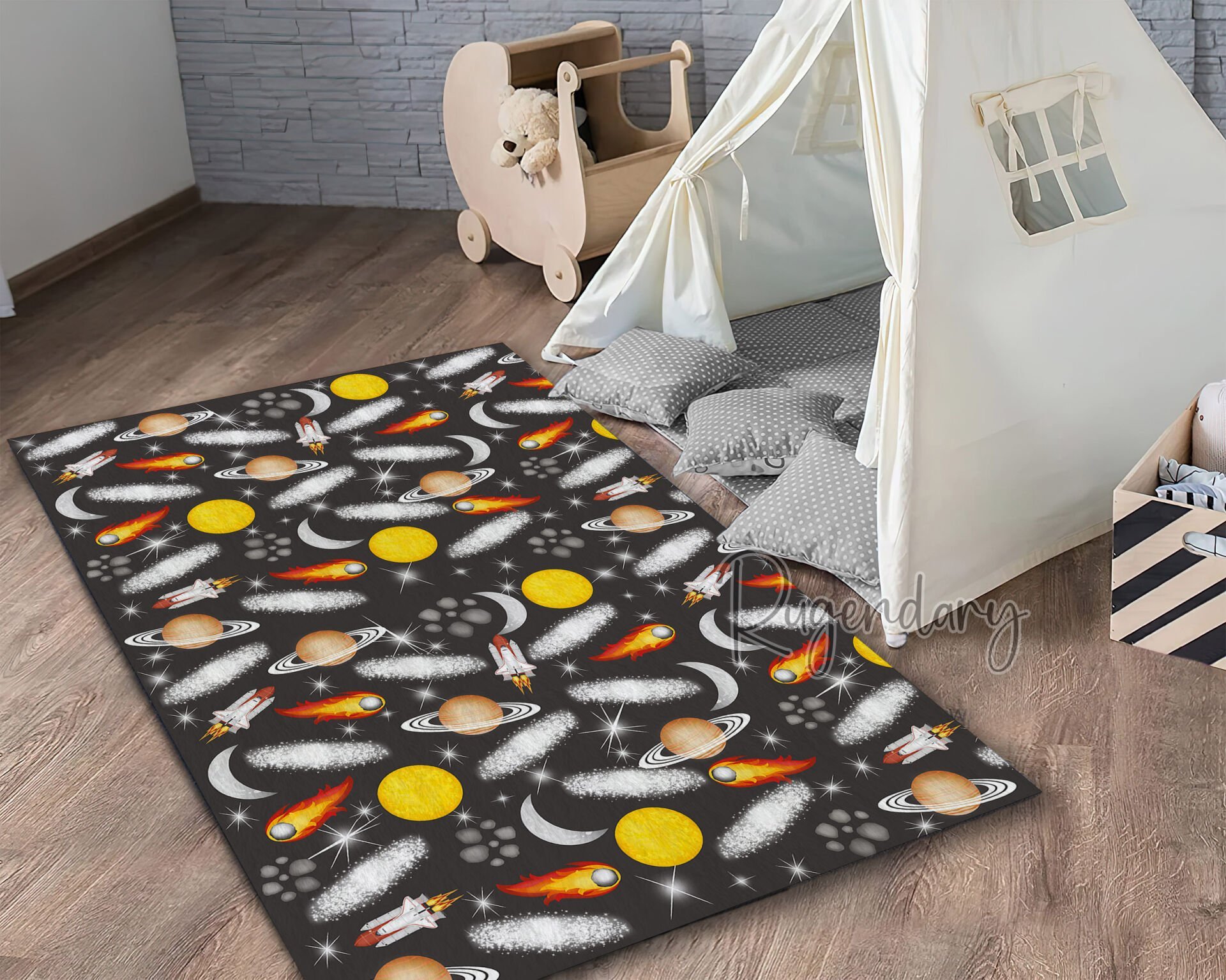 Kids Space Theme Rug – Outer Space Planets Rockets Comets Stars Galaxy Pattern Carpet for Bedroom or Playroom