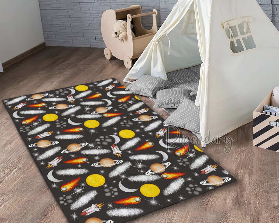 Kids Space Theme Rug – Outer Space Planets Rockets Comets Stars Galaxy Pattern Carpet for Bedroom or Playroom