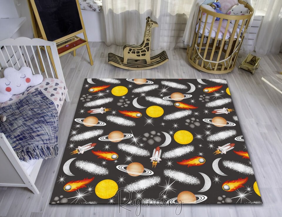 Kids Space Theme Rug – Outer Space Planets Rockets Comets Stars Galaxy Pattern Carpet for Bedroom or Playroom