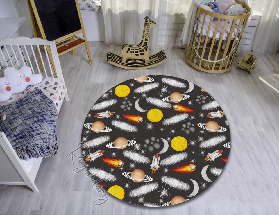 Kids Space Theme Rug – Outer Space Planets Rockets Comets Stars Galaxy Pattern Carpet for Bedroom or Playroom