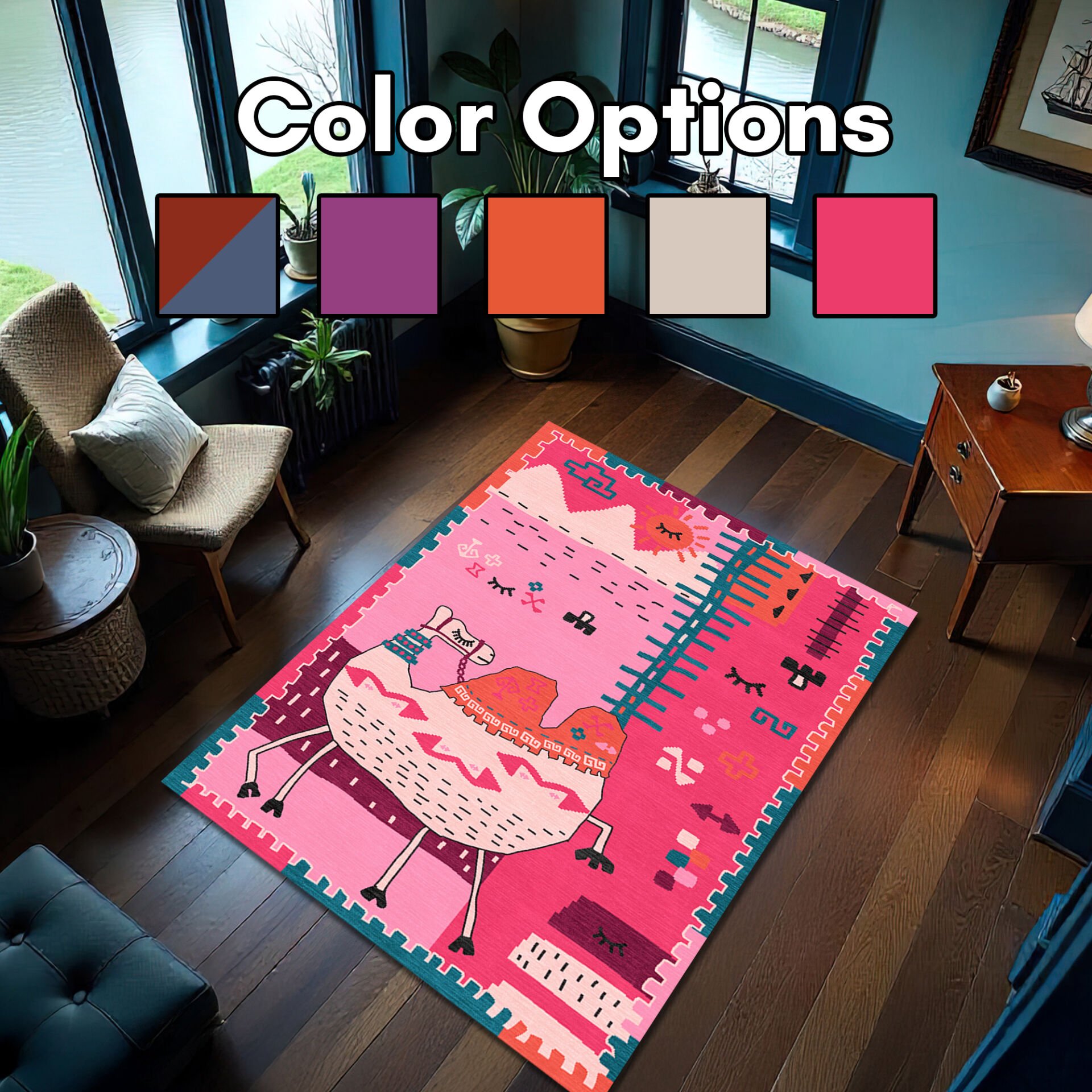 Colorful Camel Kids Rug – Fun Play Mat, Washable Non-Slip Carpet, Boho Nursery Decor, Multiple Color Options