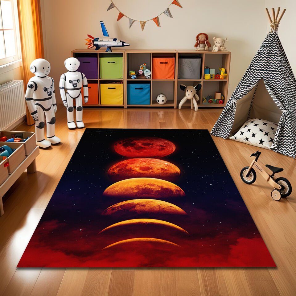 Lunar Phases Kids Rug – Red Moon Cycle Carpet for Space-Themed Rooms