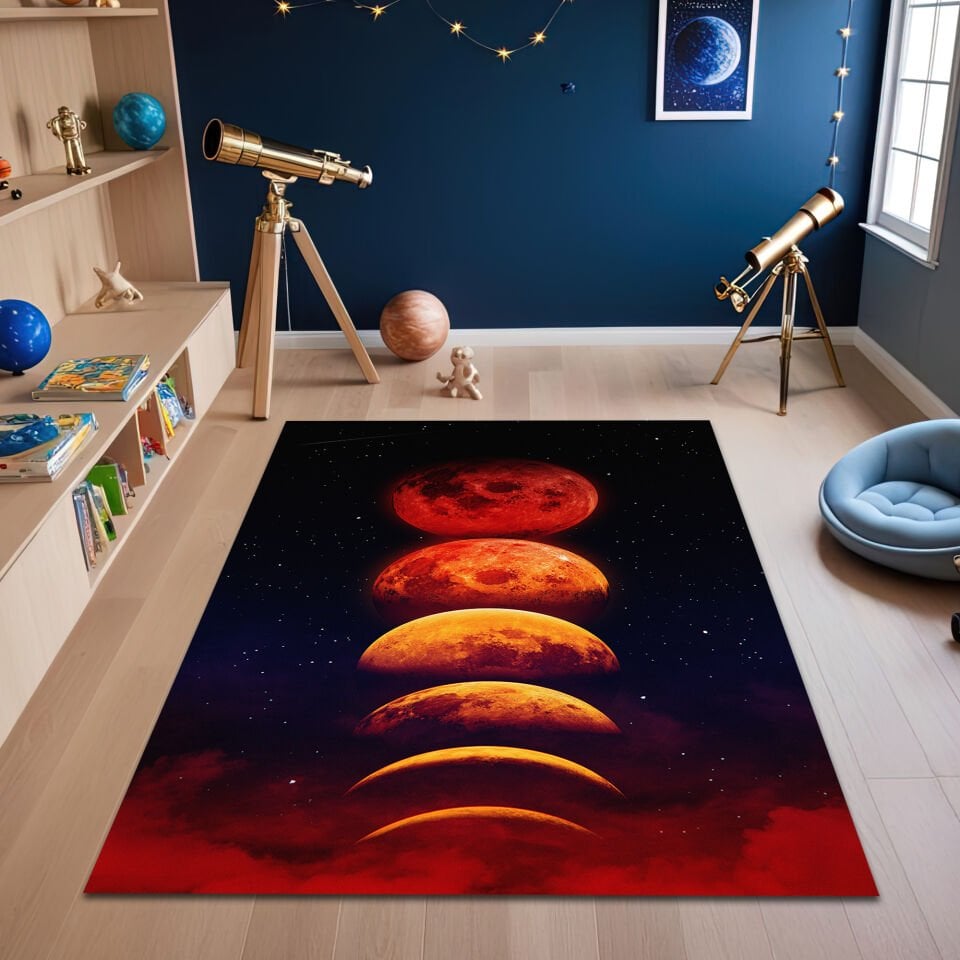Lunar Phases Kids Rug – Red Moon Cycle Carpet for Space-Themed Rooms