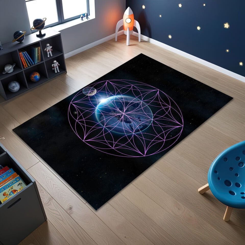 Cosmic Sacred Geometry Rug – Galaxy-Inspired Living Room Carpet