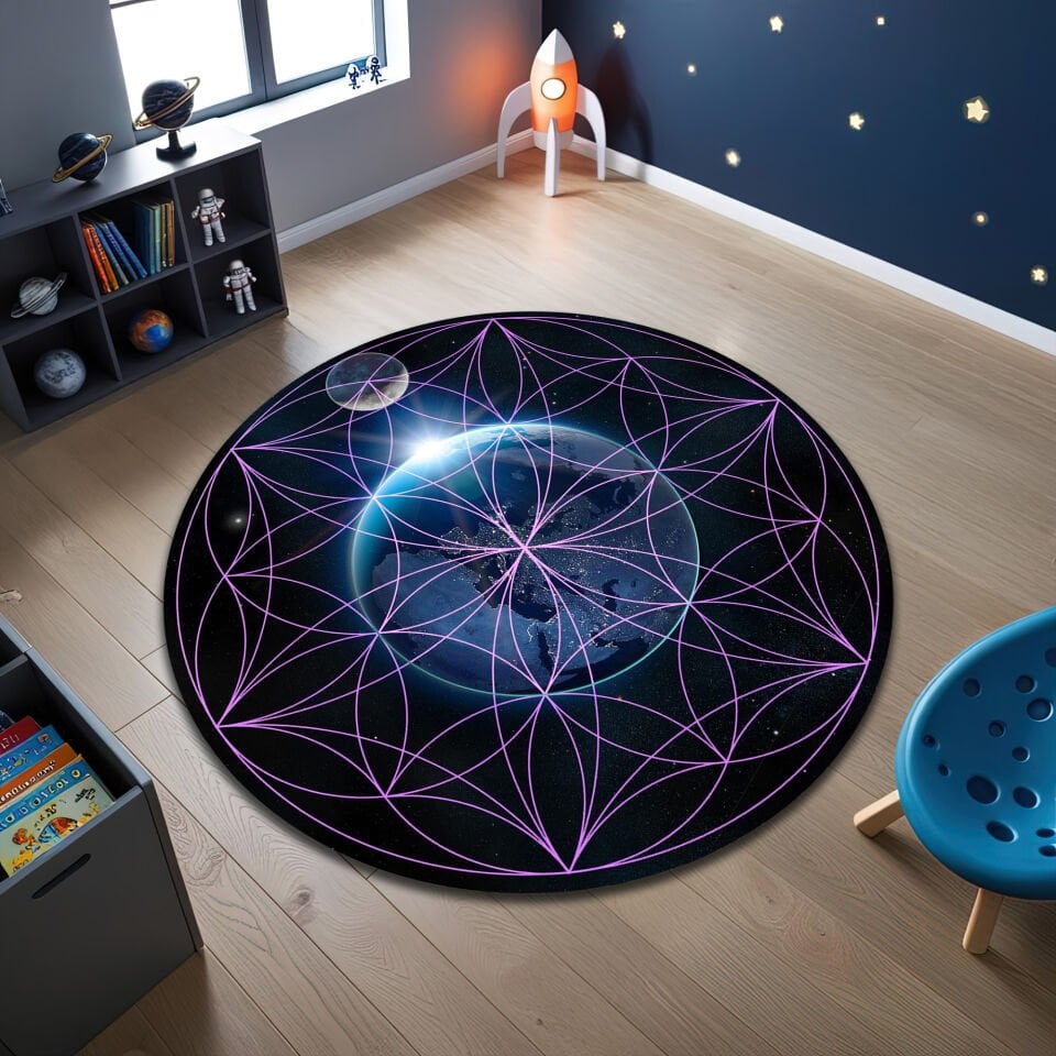 Cosmic Sacred Geometry Rug – Galaxy-Inspired Living Room Carpet