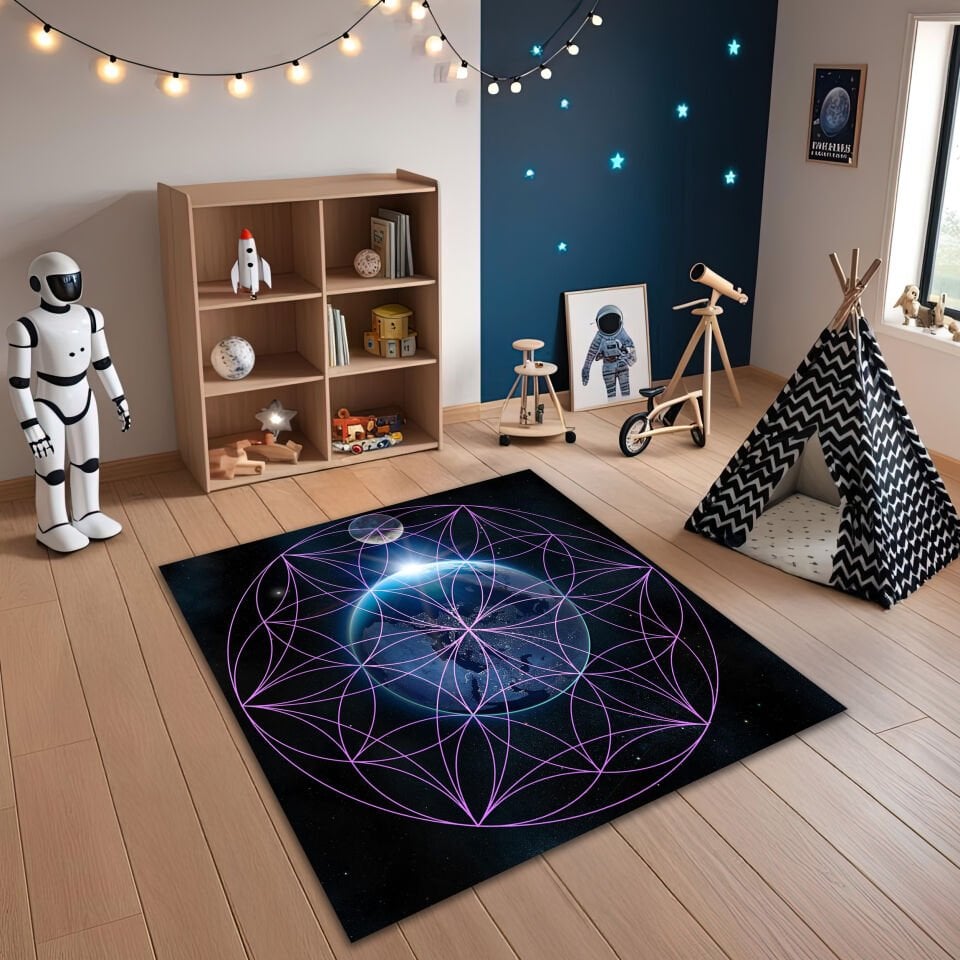 Cosmic Sacred Geometry Rug – Galaxy-Inspired Living Room Carpet