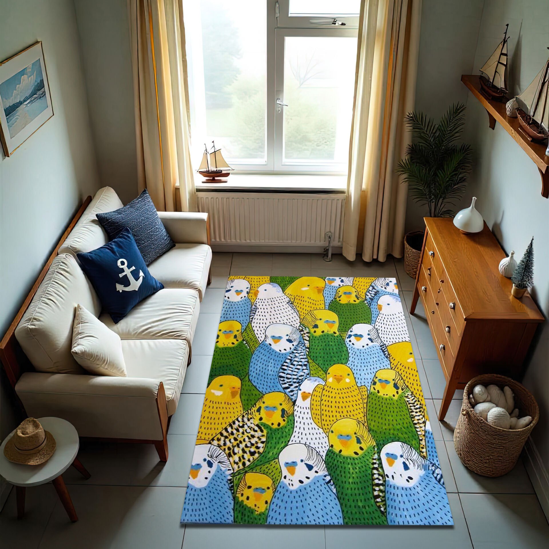 Colorful Budgie Birds Rug – Playful Parakeet Pattern Floor Carpet