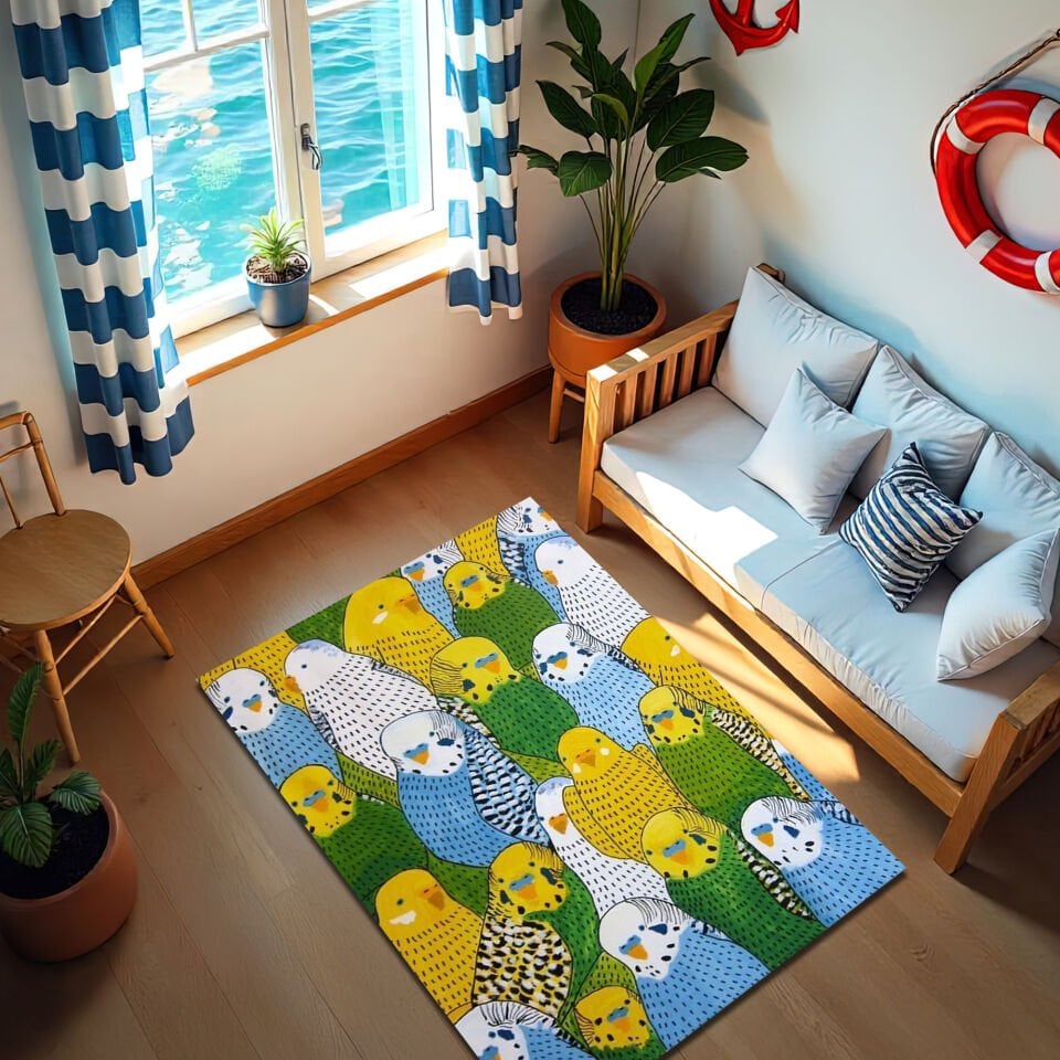 Colorful Budgie Birds Rug – Playful Parakeet Pattern Floor Carpet
