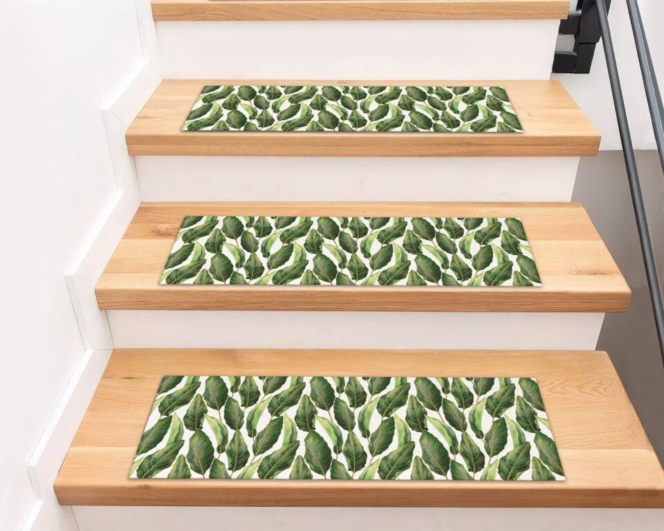Banana Leaf Pattern Stair Treads – Lush Green Tropical Leaves Stair Mats for Fresh Home Decor