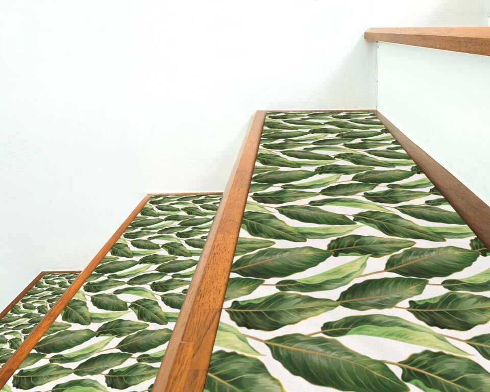 Banana Leaf Pattern Stair Treads – Lush Green Tropical Leaves Stair Mats for Fresh Home Decor