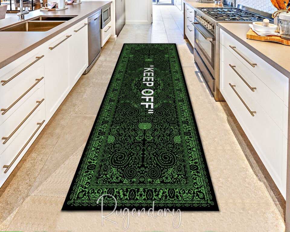 Modern Black & Green Runner Rug with “KEEP OFF” Quote – Stylish Kitchen & Hallway Accent