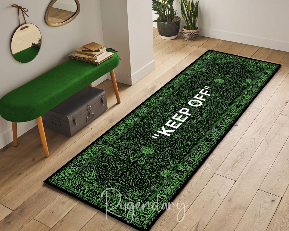 Modern Black & Green Runner Rug with “KEEP OFF” Quote – Stylish Kitchen & Hallway Accent