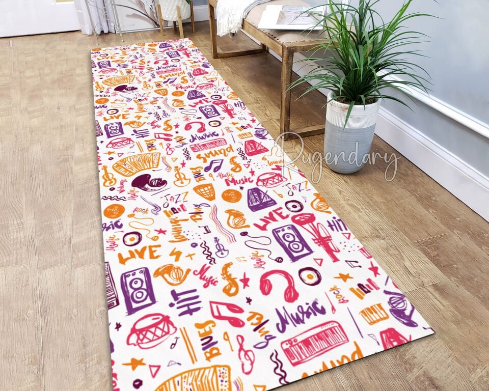 Music Themed Runner Rug – Colorful Live Music & Instrument Pattern, Non-Slip & Washable Hallway Carpet