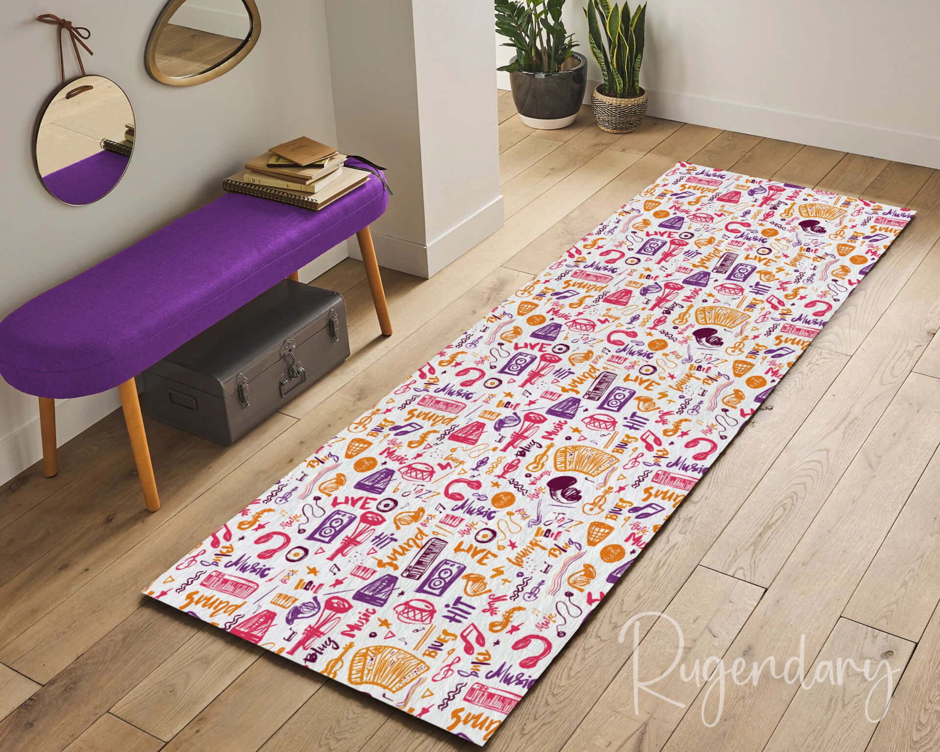 Music Themed Runner Rug – Colorful Live Music & Instrument Pattern, Non-Slip & Washable Hallway Carpet