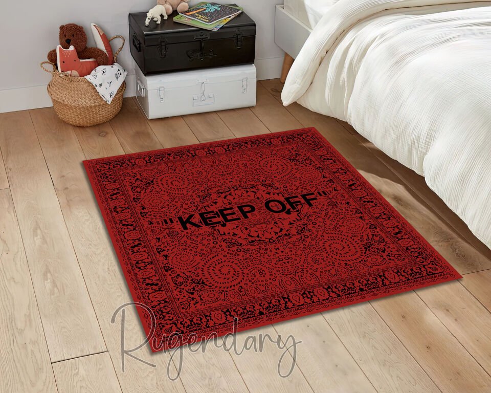 Bold Red & Black ''KEEP OFF'' Square Rug – Statement Floor Art