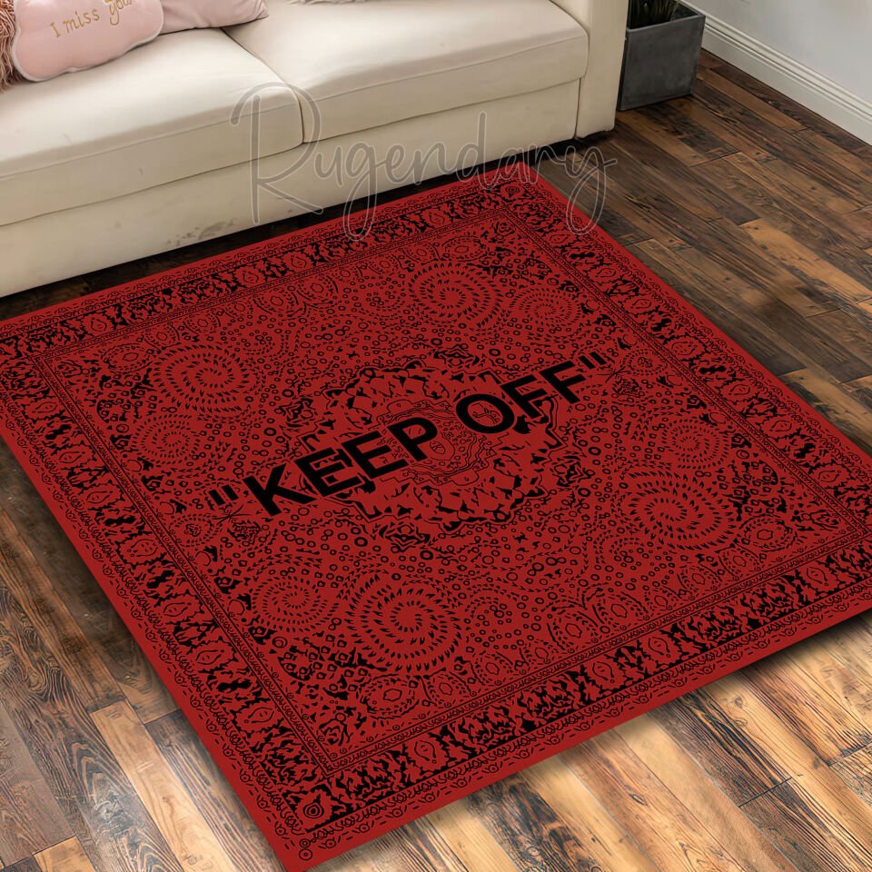 Bold Red & Black ''KEEP OFF'' Square Rug – Statement Floor Art