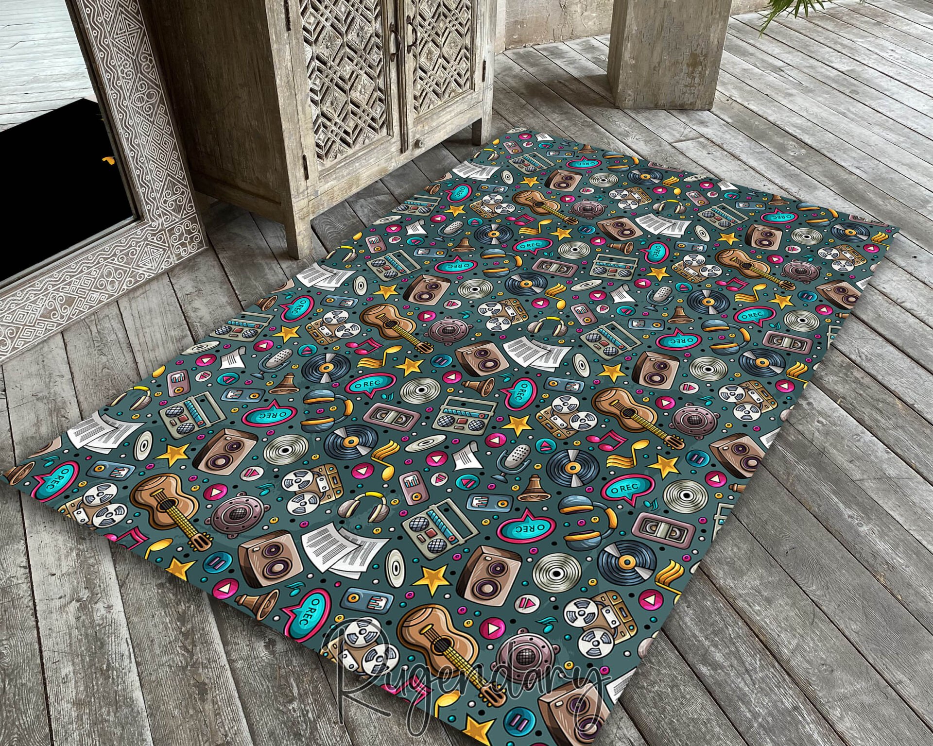 Teal Retro Music Rug – Instruments, Speakers & Vinyl Design