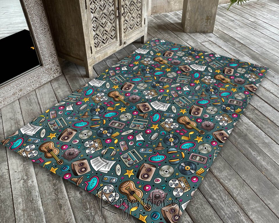 Teal Retro Music Rug – Instruments, Speakers & Vinyl Design