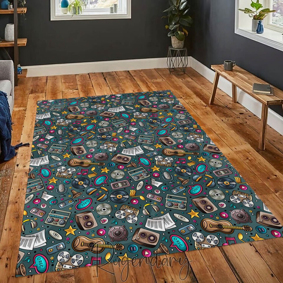 Teal Retro Music Rug – Instruments, Speakers & Vinyl Design