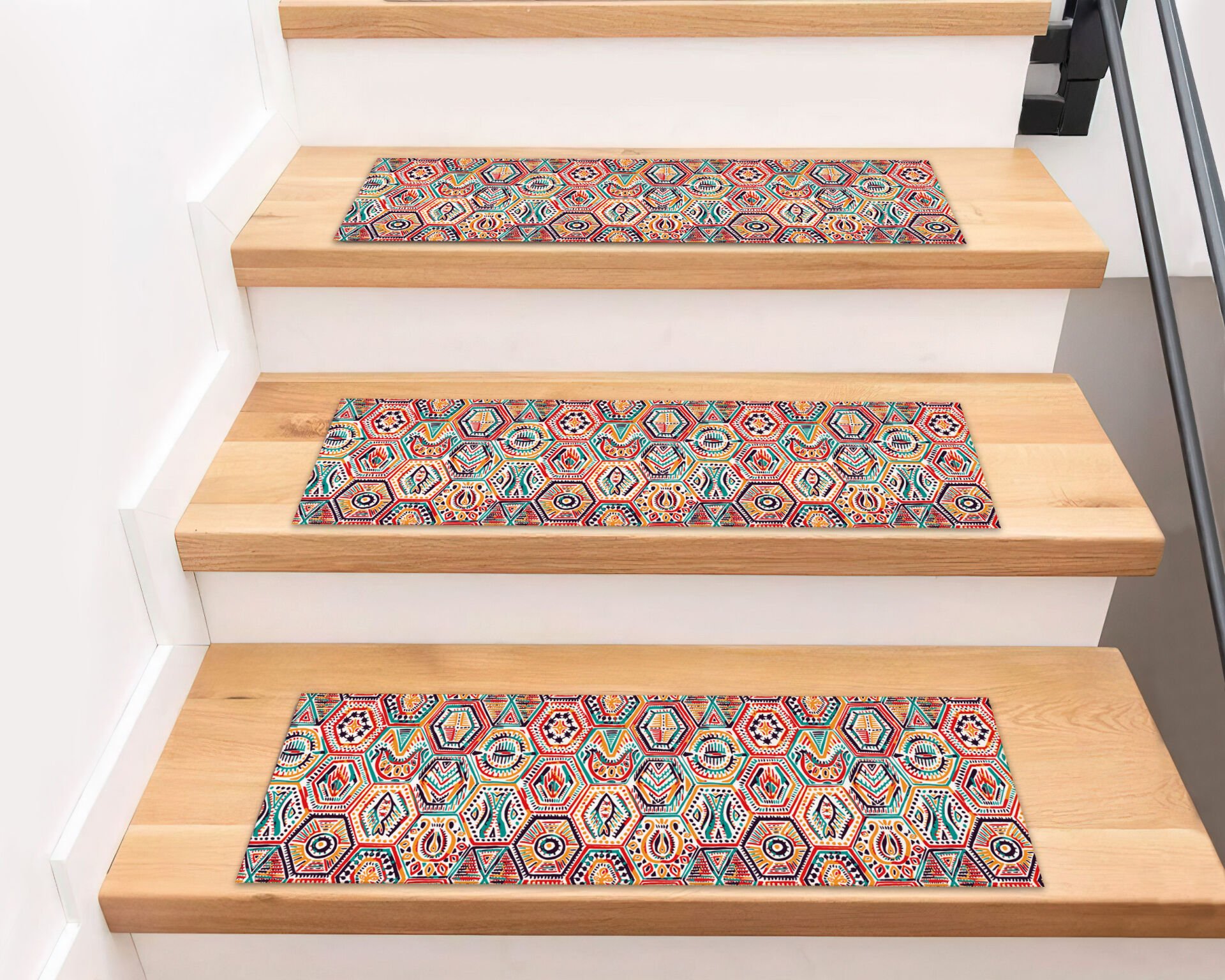 Bohemian Hexagon Pattern Stair Treads – Vibrant Geometric Non-Slip Stair Mats