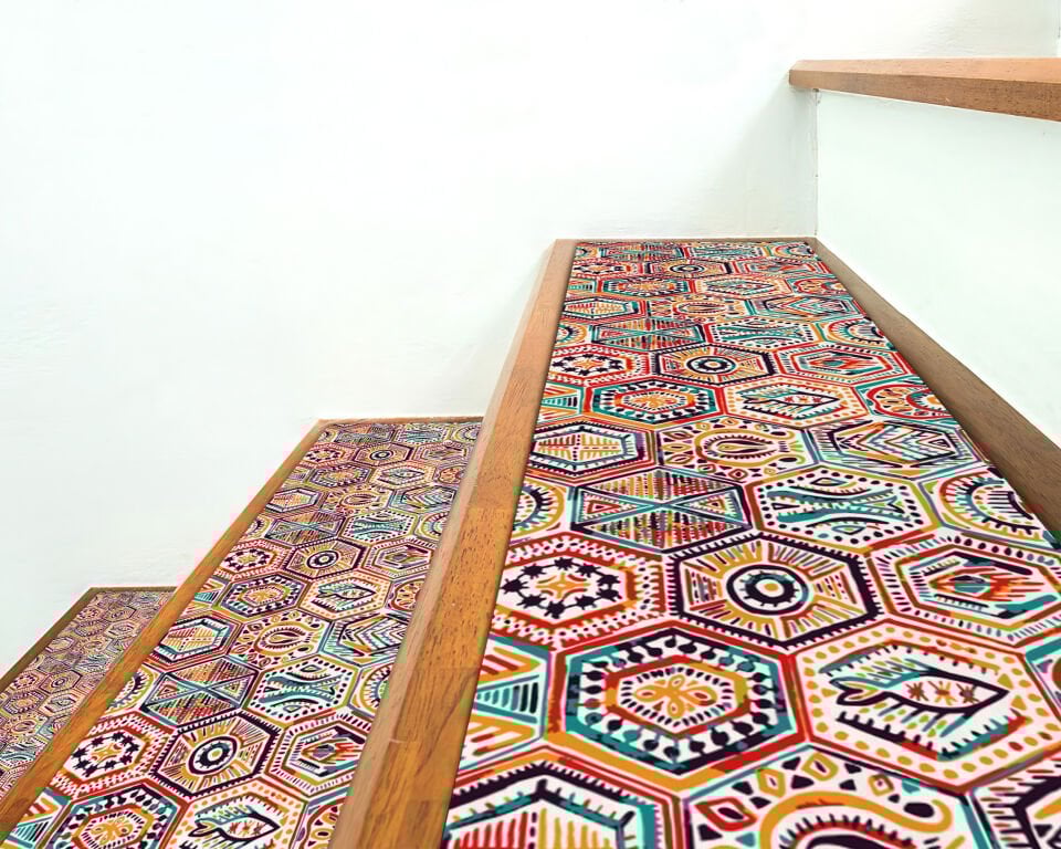 Bohemian Hexagon Pattern Stair Treads – Vibrant Geometric Non-Slip Stair Mats